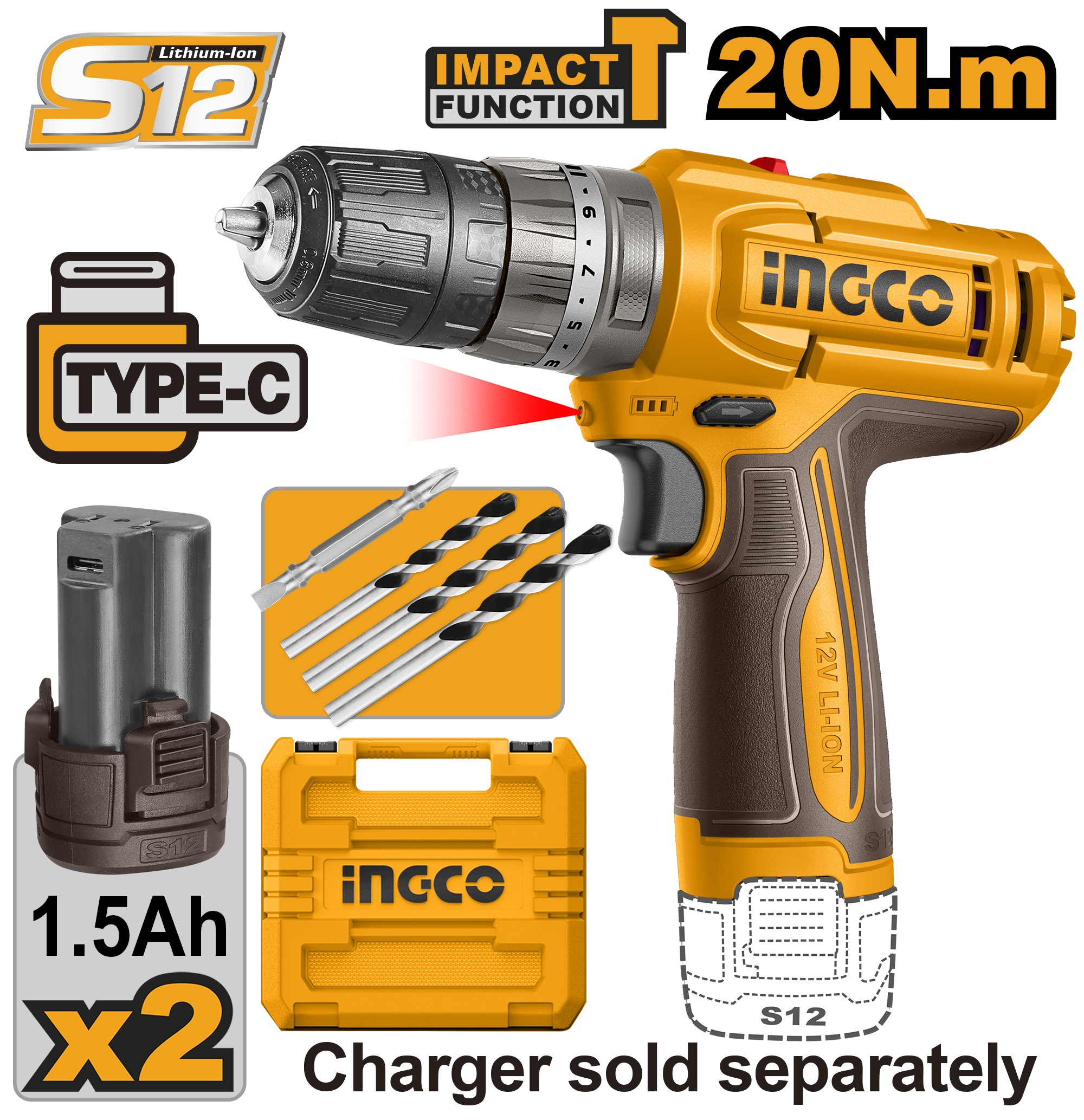 Ingco Cordless Impact Drill , 12V, 20Nm, Type-C  (CIDLI12206)
